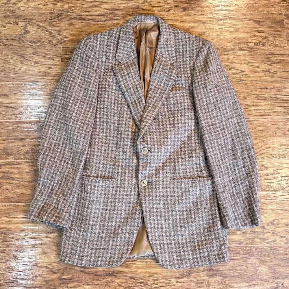 Vintage Hickey Freeman Canterbury Brown Houndstooth Wool Blazer Sport Coat